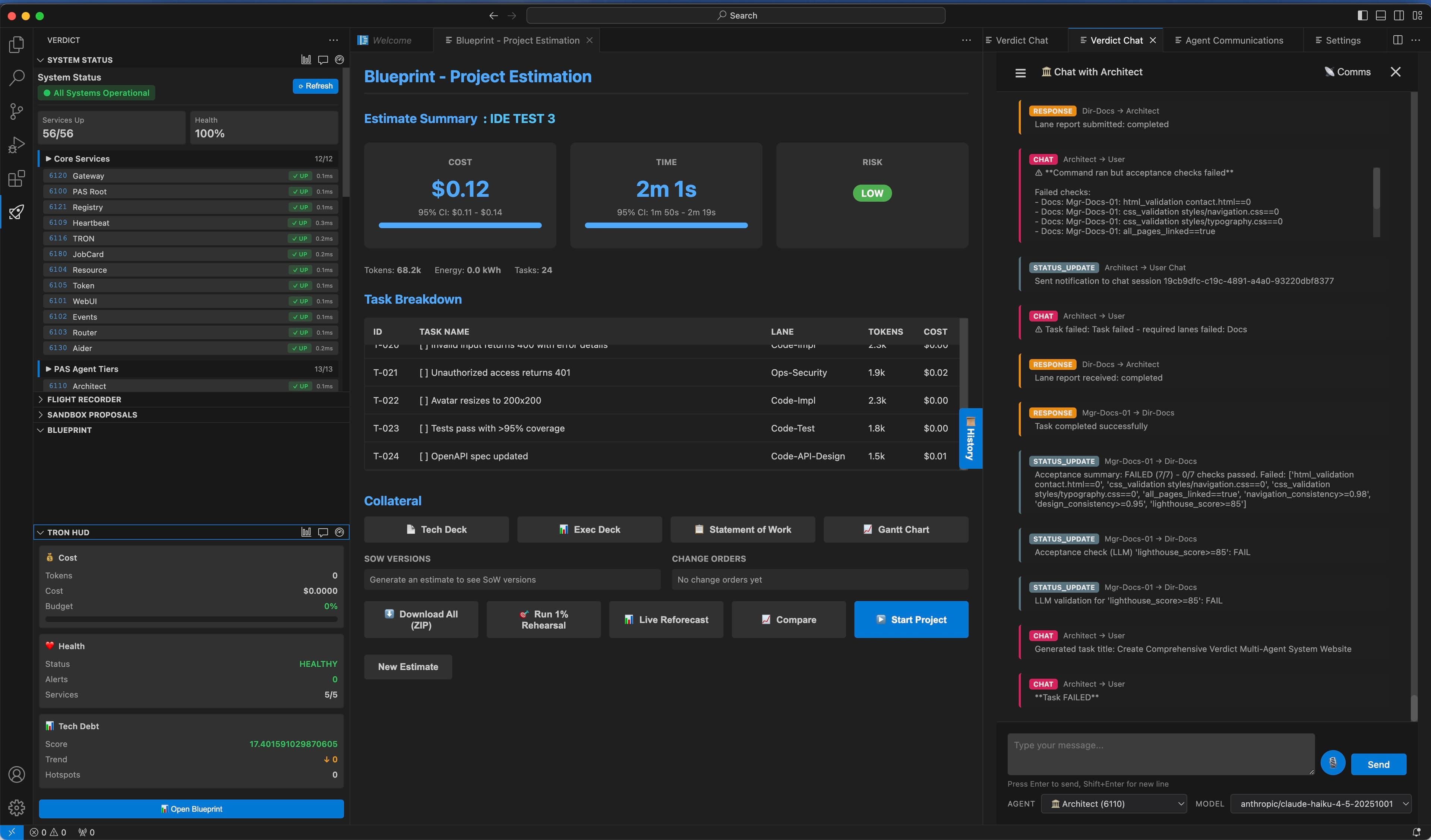 Verdict Desktop investigating a repository and showing its work