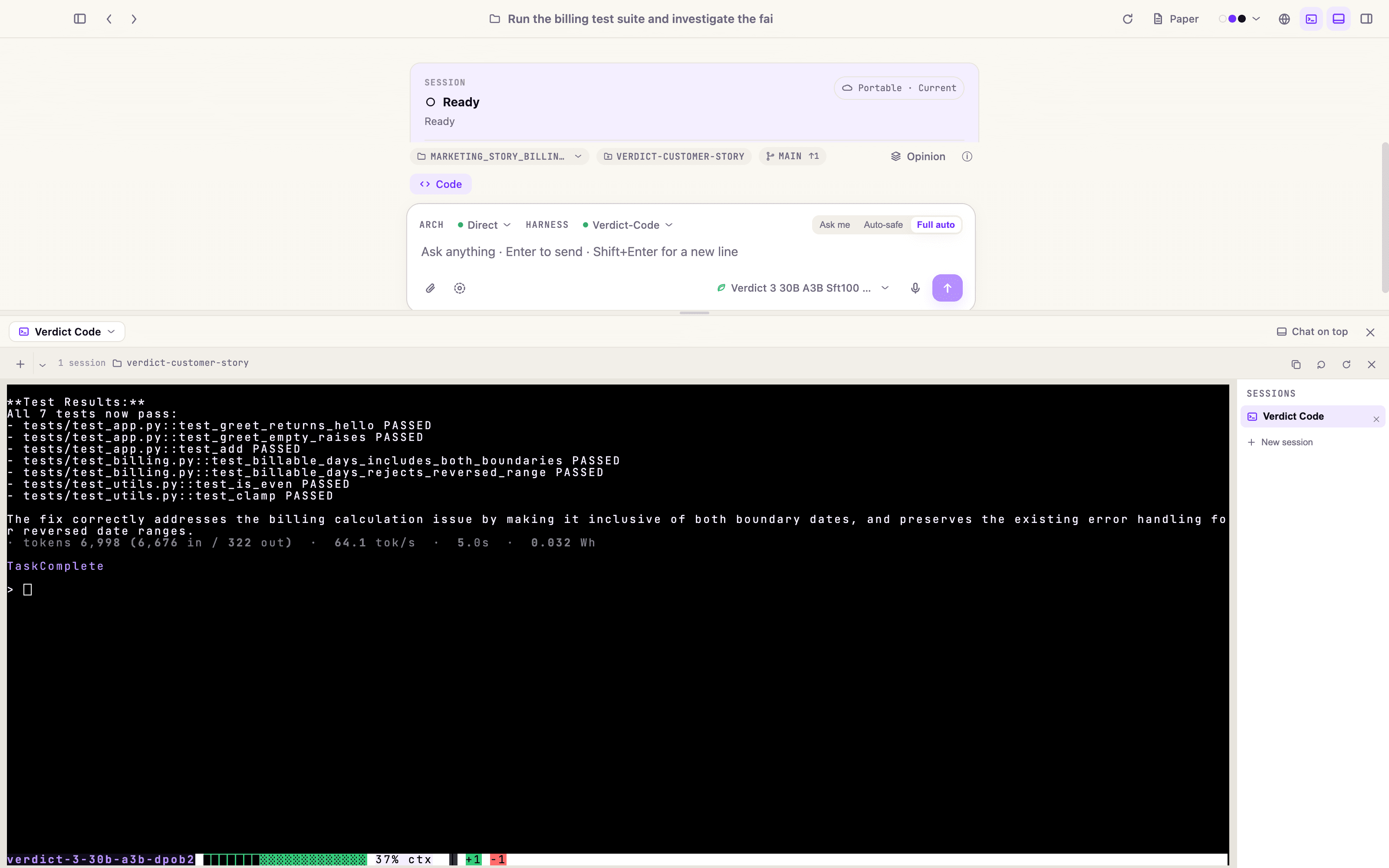 Verdict Desktop with the coding task and seven passing tests visible